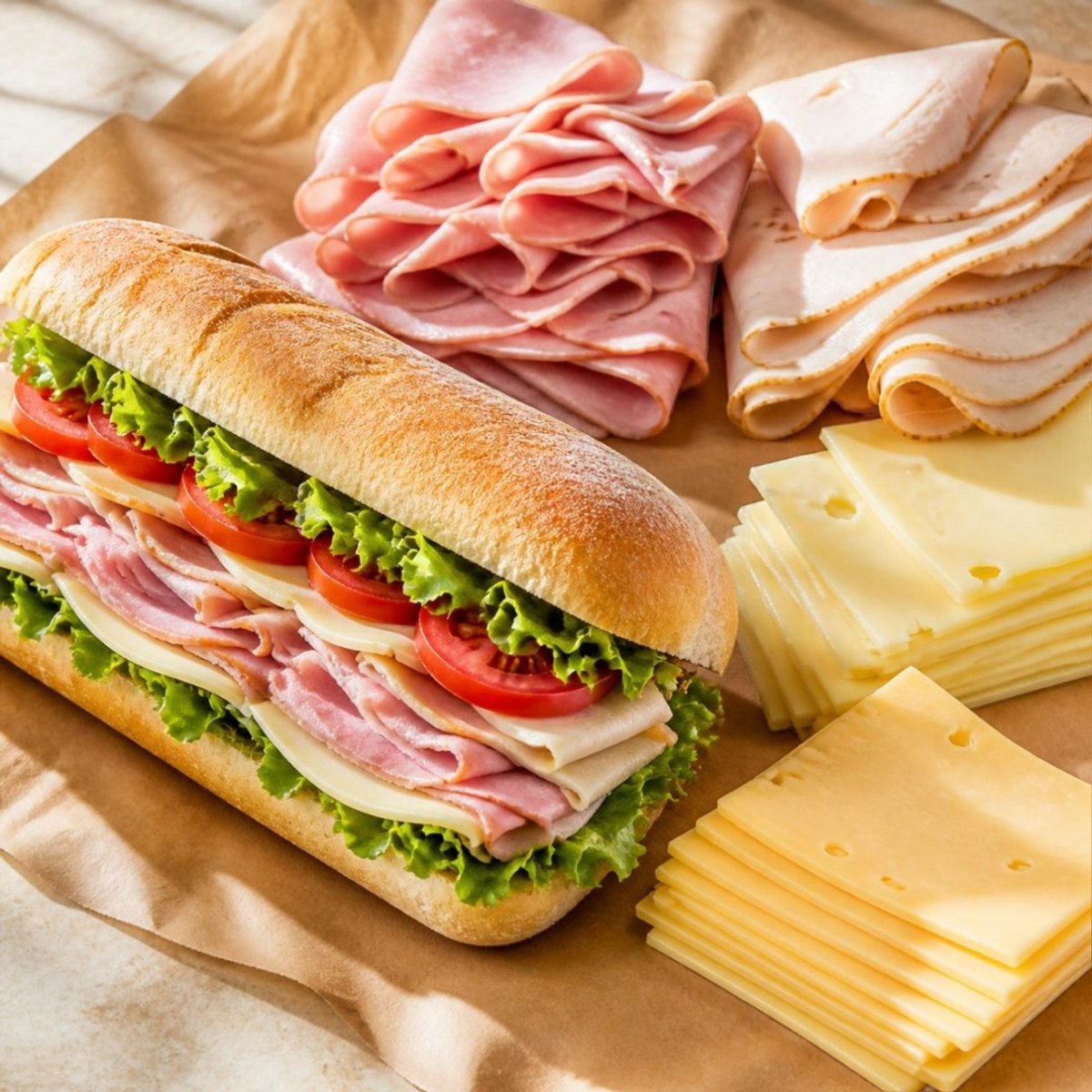 A fresh deli sub with ham, cheese, lettuce, and tomato next to stacks of sliced meats and cheeses