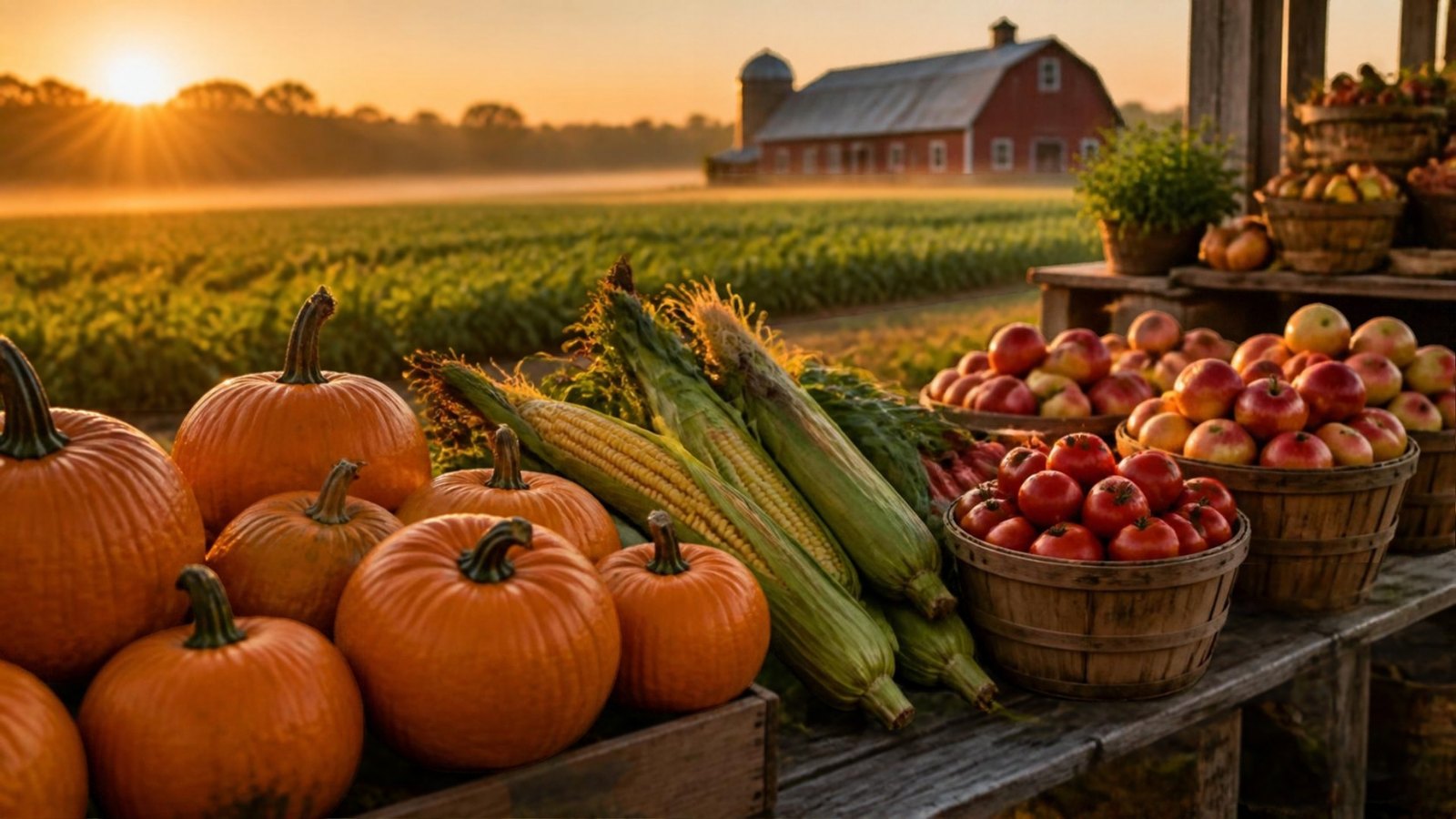 A roadside farm stand with pumpkins, sweet corn, and apples, with a red barn behind it