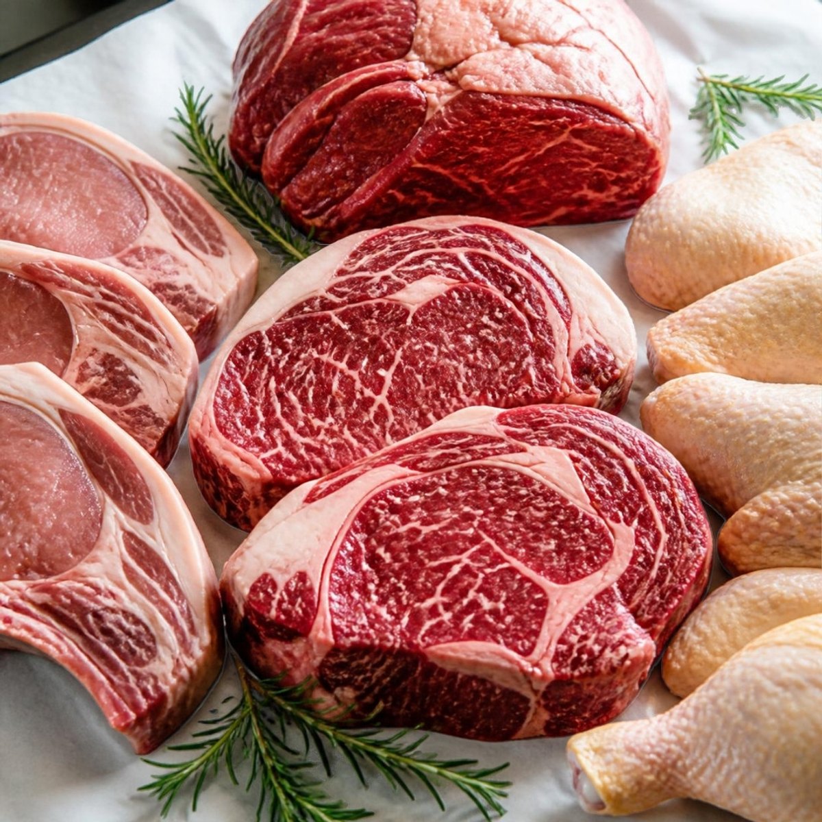 Ribeye steaks, pork chops, and chicken on butcher paper with rosemary