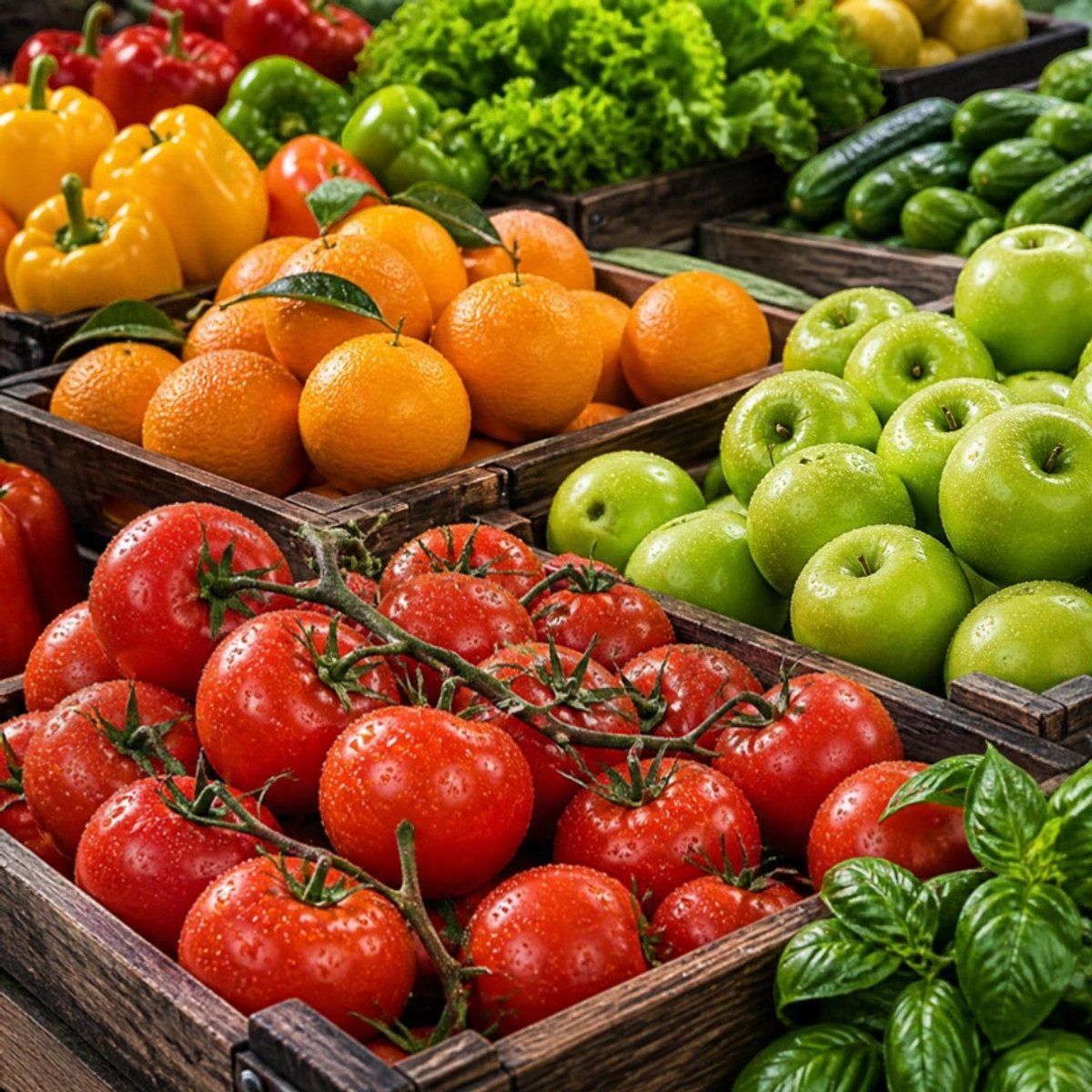 Wooden crates of tomatoes, oranges, green apples, peppers, and basil